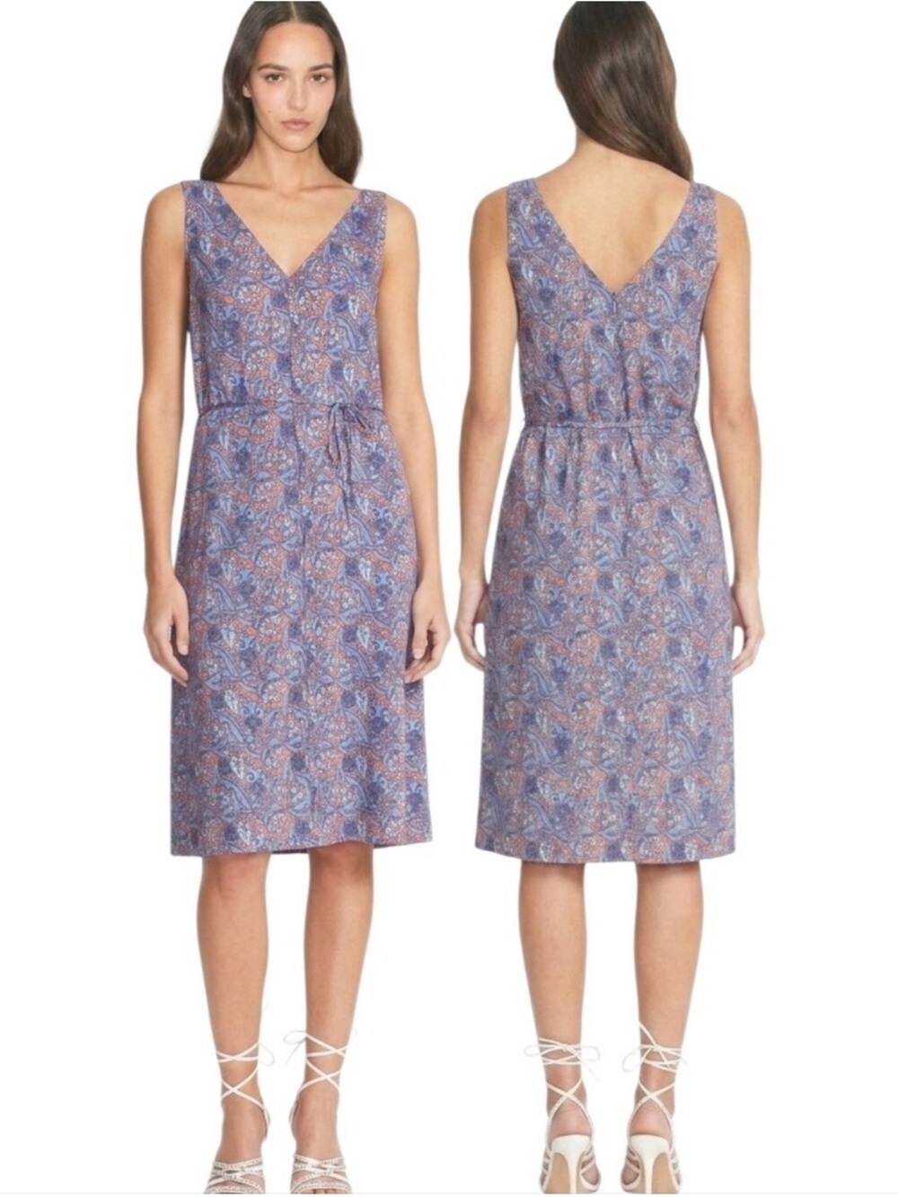 Tory Burch Blue & Coral Pattern V‑Neck Sleeveless Midi Dress, Size Medium, NWOT